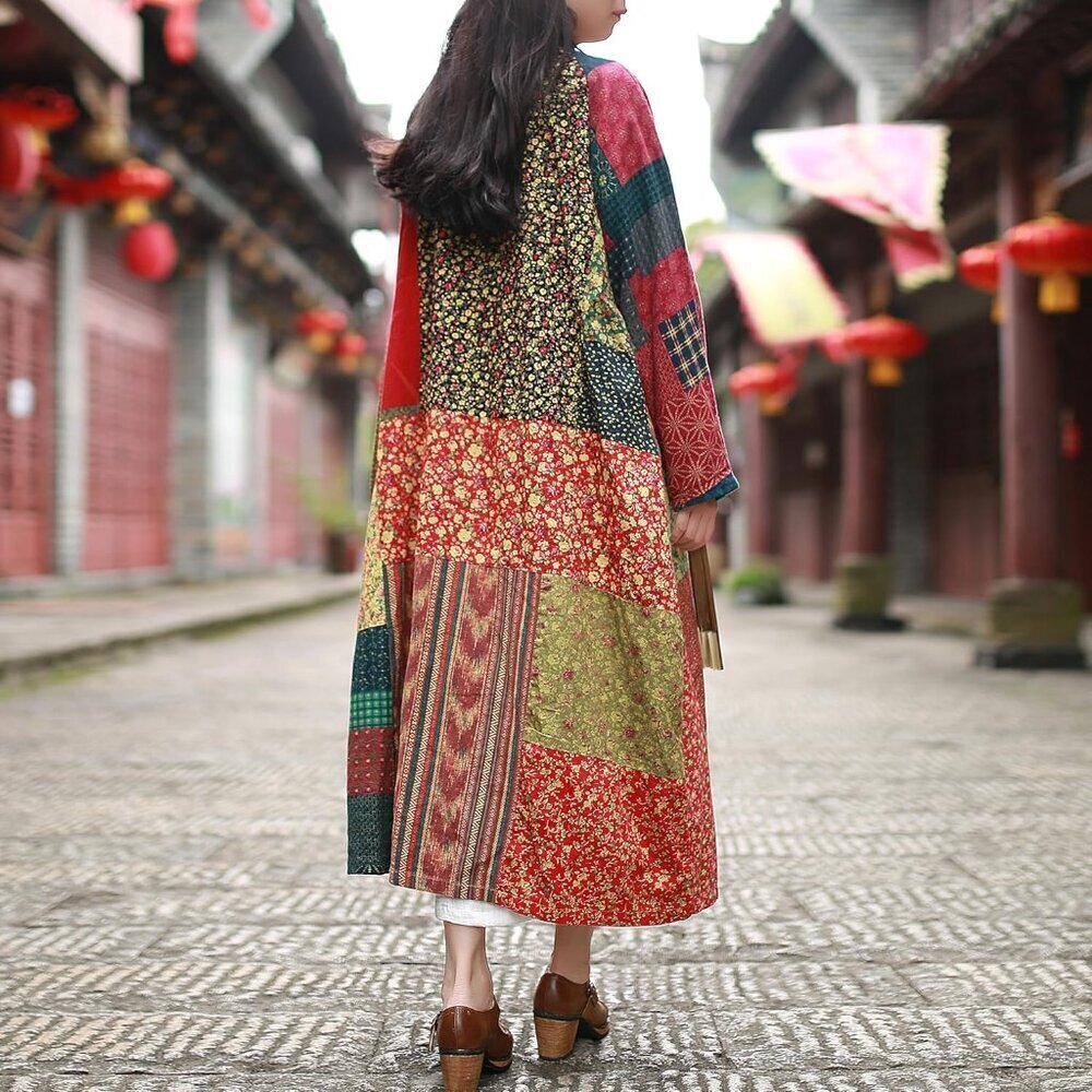Floral Print Linen Cotton Jacket Bohemian Patchwork Outwear Women Large - Picture 8 of 8